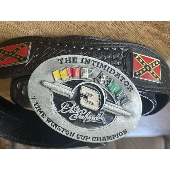 DALE EARNHARDT BELT BUCKLE and Belt Vintage Black Genuine Leather Men's 40" - Picture 1 of 8